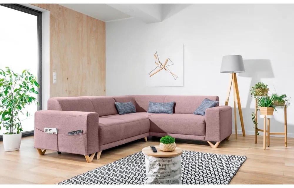 Różowy rozkładany/ze schowkiem narożnik (prawostronny/w kształcie litery L) Classy Sophie – Miuform