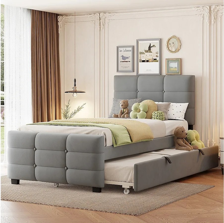 Łóżko dziecięce tapicerowane - 90 x 190 cm - z łóżkiem wysuwanym 90 x 190 + zagłówek - MDF + Metal + Aksamit - szary