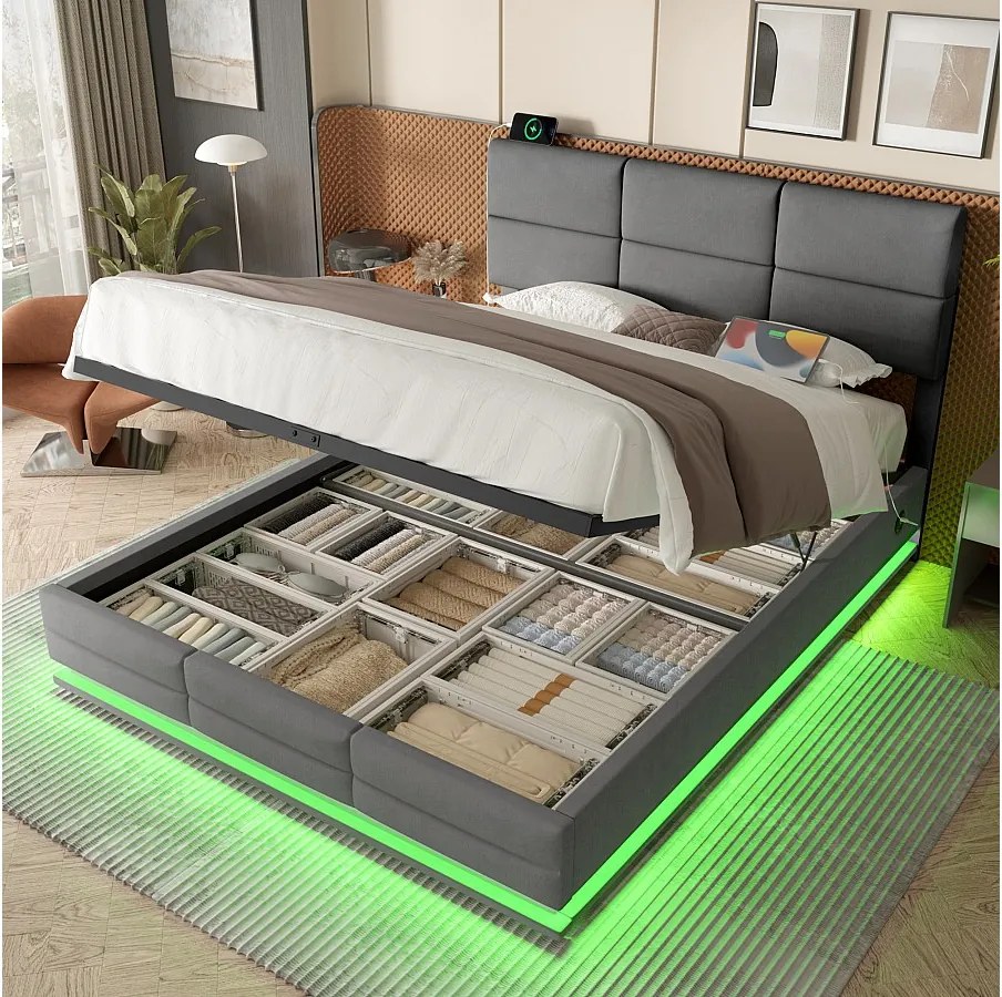 Łóżko tapicerowane ze schowkiem - 140 x 200 cm - regulowany zagłówek - z USB + LED - hydrauliczny schowek - aksamit - szary