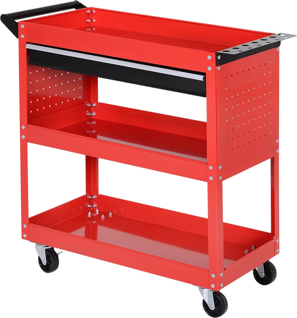 HOMCOM wózek narzędziowy czerwony 3 półki 4 kółka 82x35x76cm organizacja warsztatu | Aosom PL