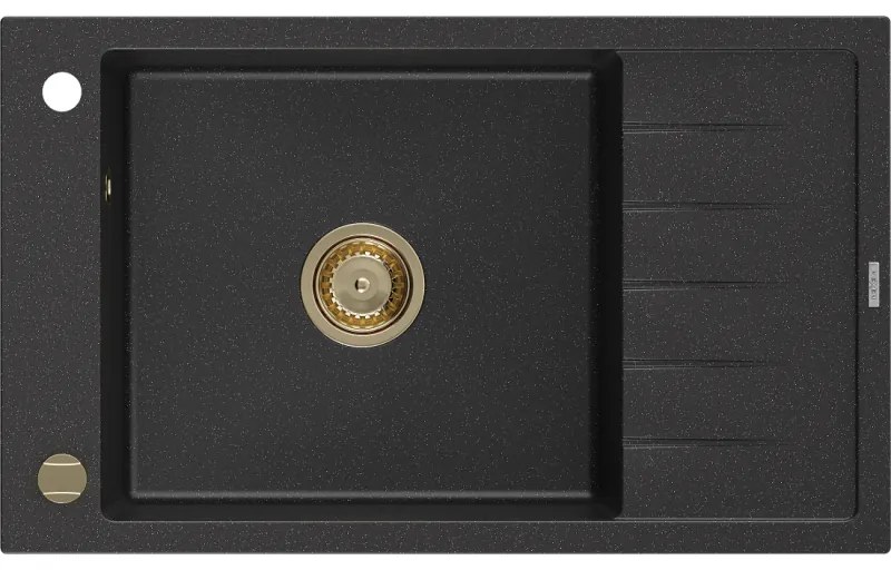 Mexen Elias zlewozmywak granitowy 1-komorowy z ociekaczem 795 x 480 mm, czarny/srebrny metalik, syfon złoty - 6511791005-73-G