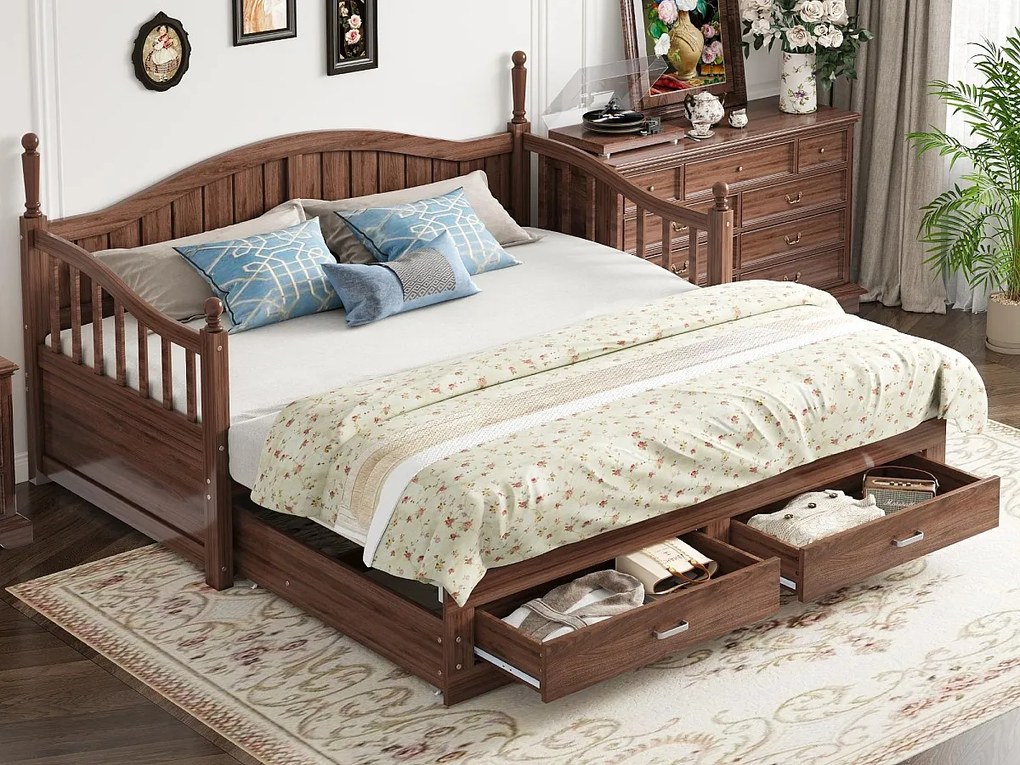 Rozkładana sofa z litego drewna 90/180x200 cm z kolumnami rzymskimi i 2 szufladami - Brązowa