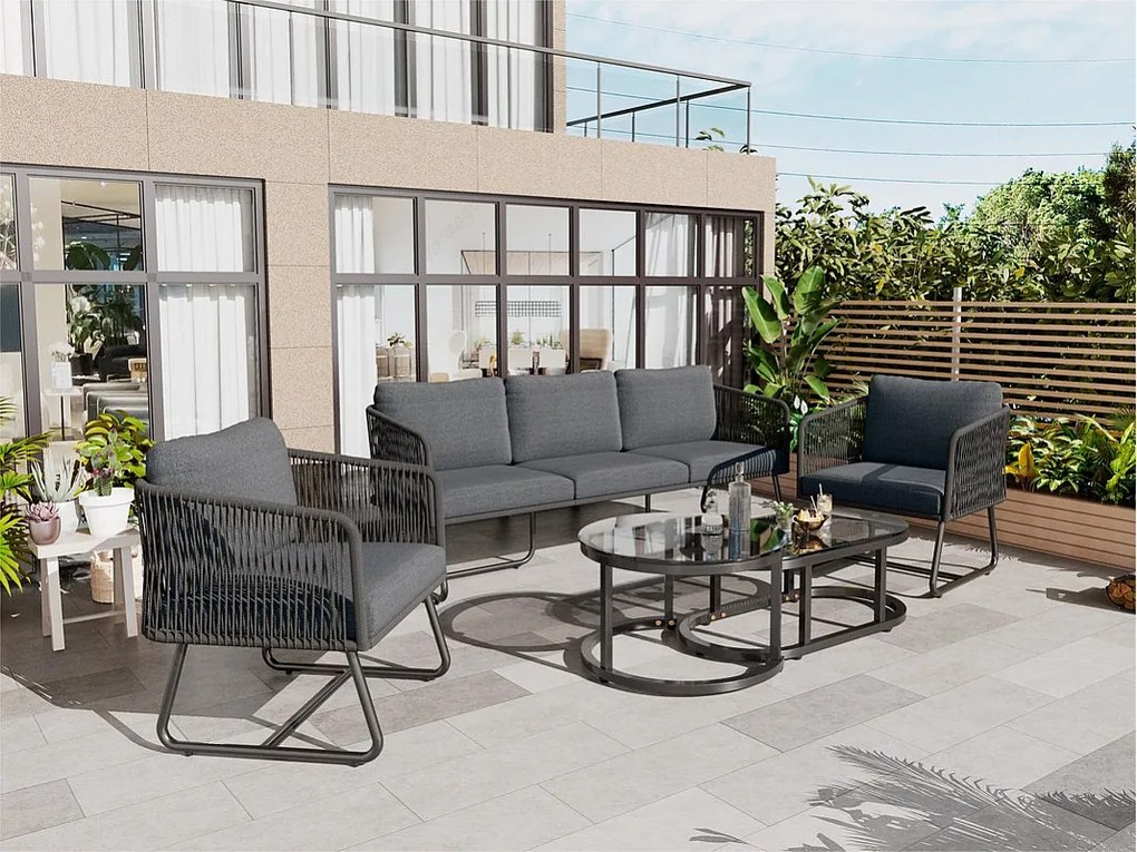 Zestaw mebli ogrodowych z ocynkowanej stali i liny - sofa, 2 fotele i 2 stoliki nocne - Szary