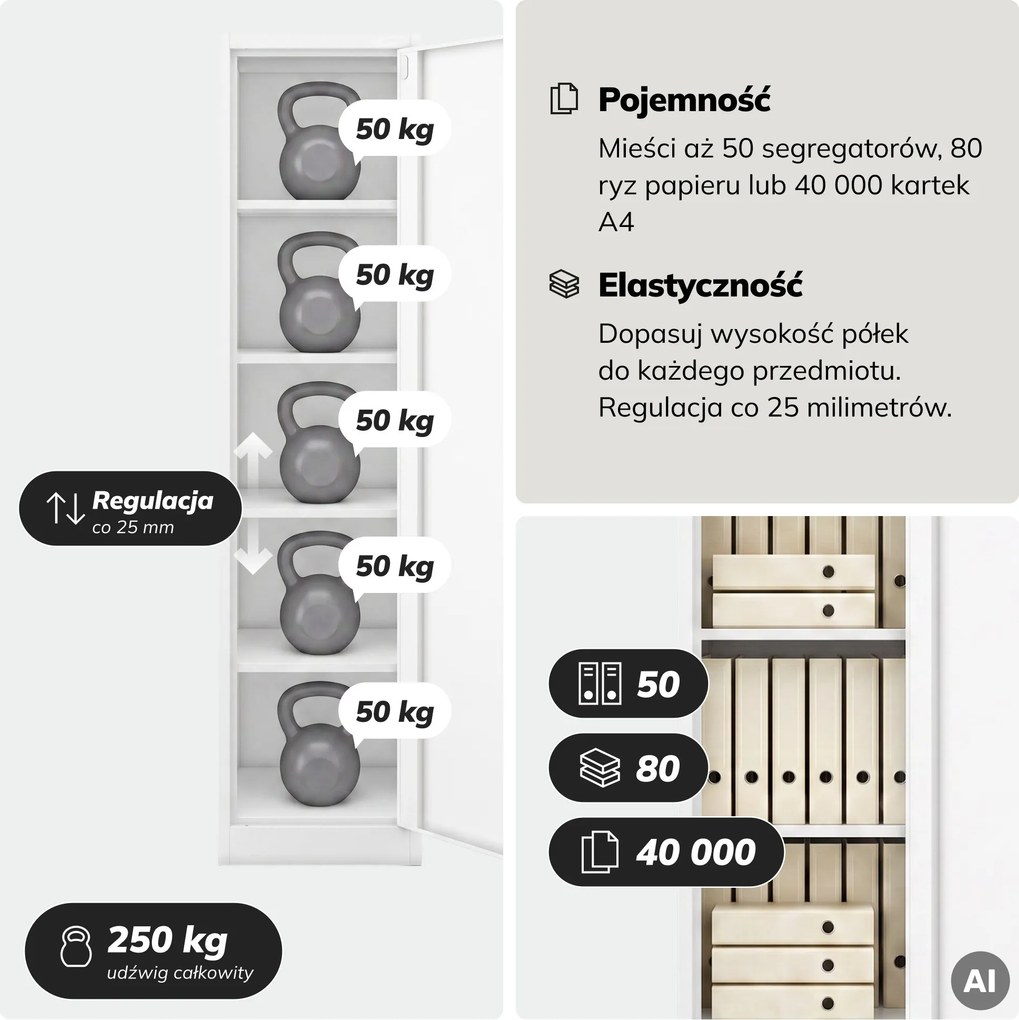 Szafa na akta kartotekowa na klucz biała, 450x1850x600 mm: ALEX D600