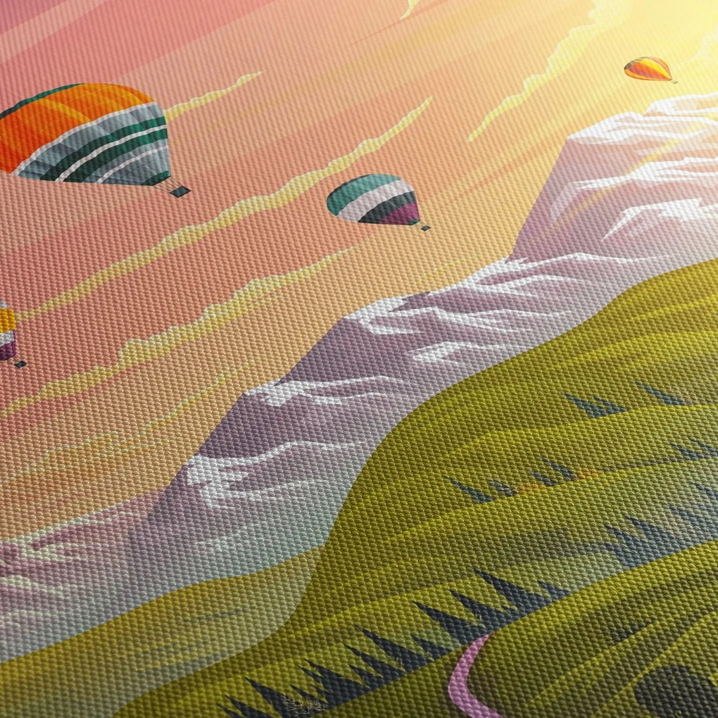 Obraz balonów nad krajobrazem (z zegarem) (90x30 cm)