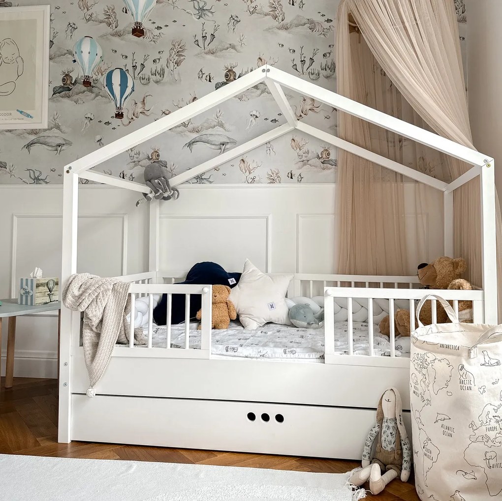 Łóżko domek z barierkami i szufladą 80x160 cm Dream Nest, biały