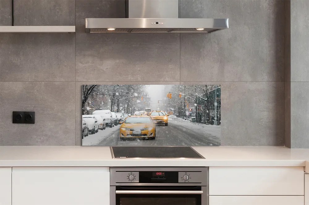 Panel szklany do Kuchni Zimowe Miasto i Samochody