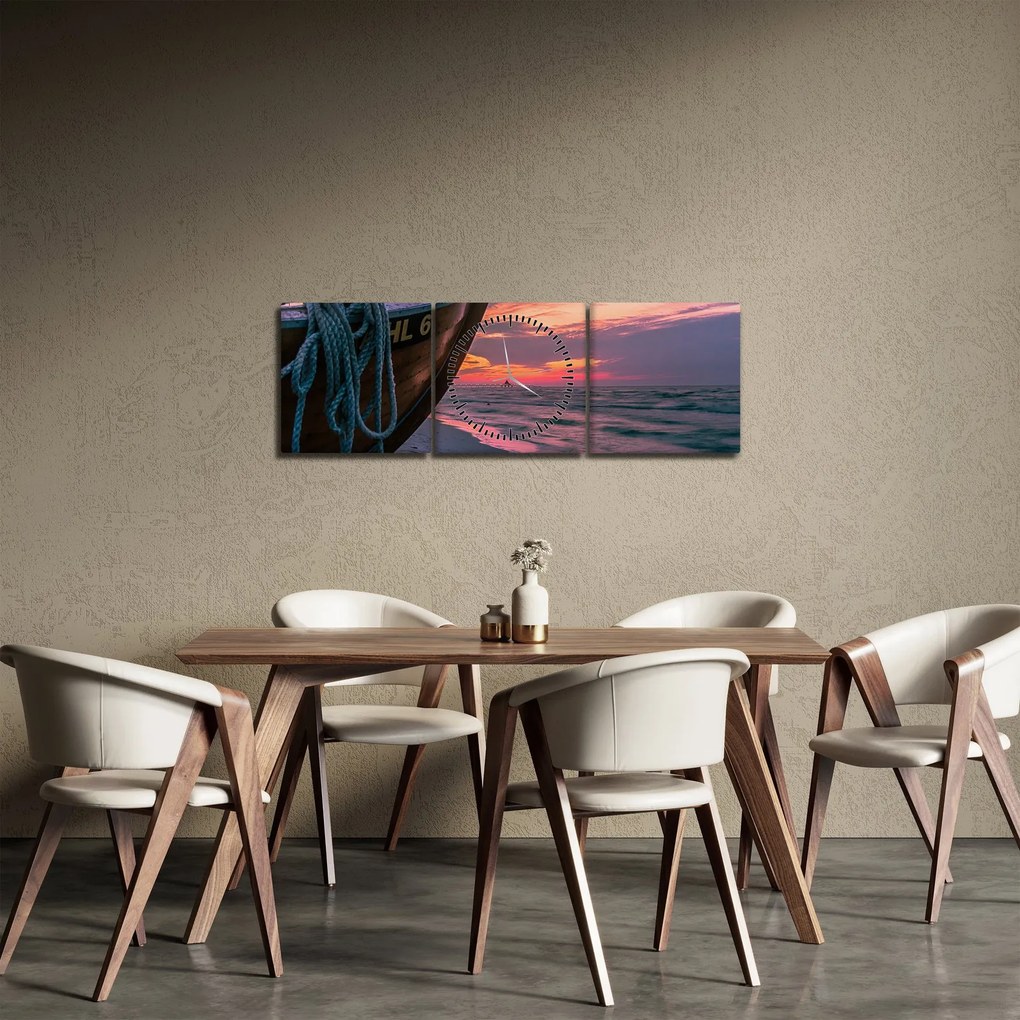 Obraz łodzi na brzegu (z zegarem) (90x30 cm)