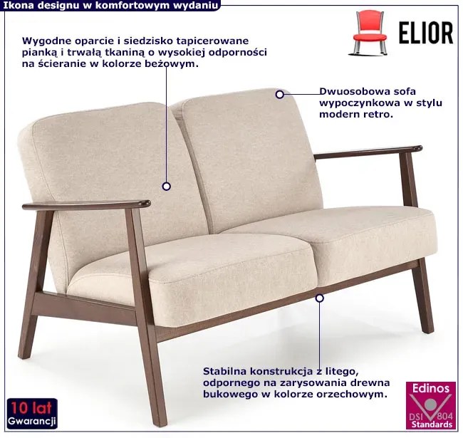 Drewniana beżowa tapicerowana sofa retro - Alexander 4X