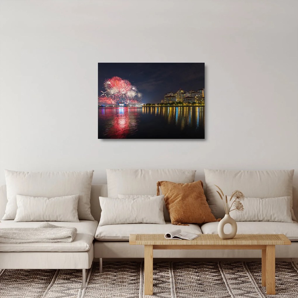 Obraz na szkle - fajerwerki w Singapurze (70x50 cm)