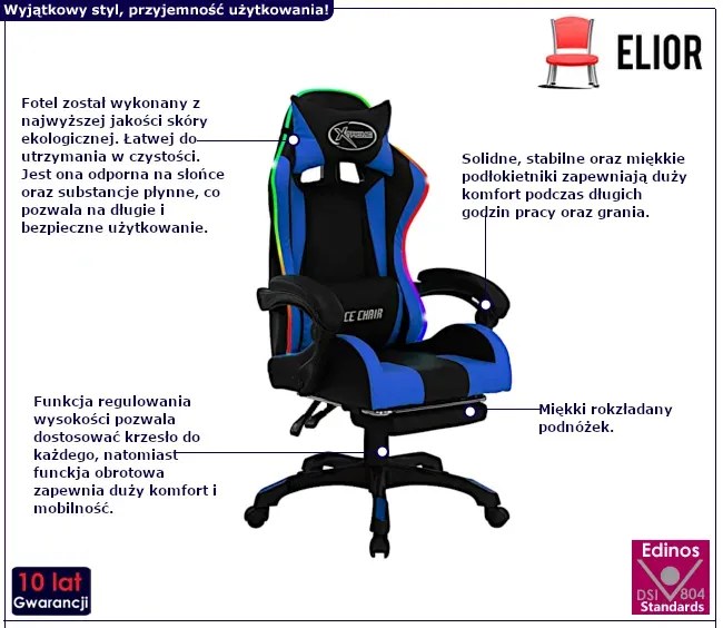 Czarno-niebieski fotel gamingowy z podnóżkiem i diodami LED T2-C28
