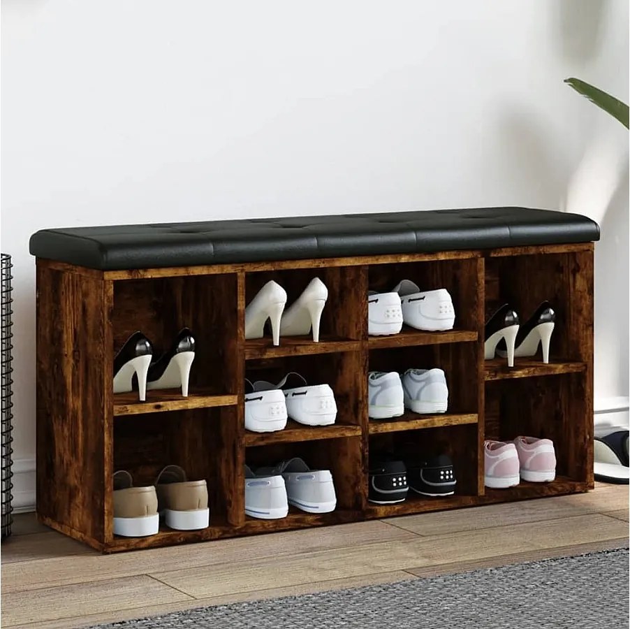 Ławka na buty z dymionego dębu 102x32x50 cm z czarną poduszką z ekoskóry, wytrzymałe drewno inżynieryjne i duża przestrzeń do przechowywania