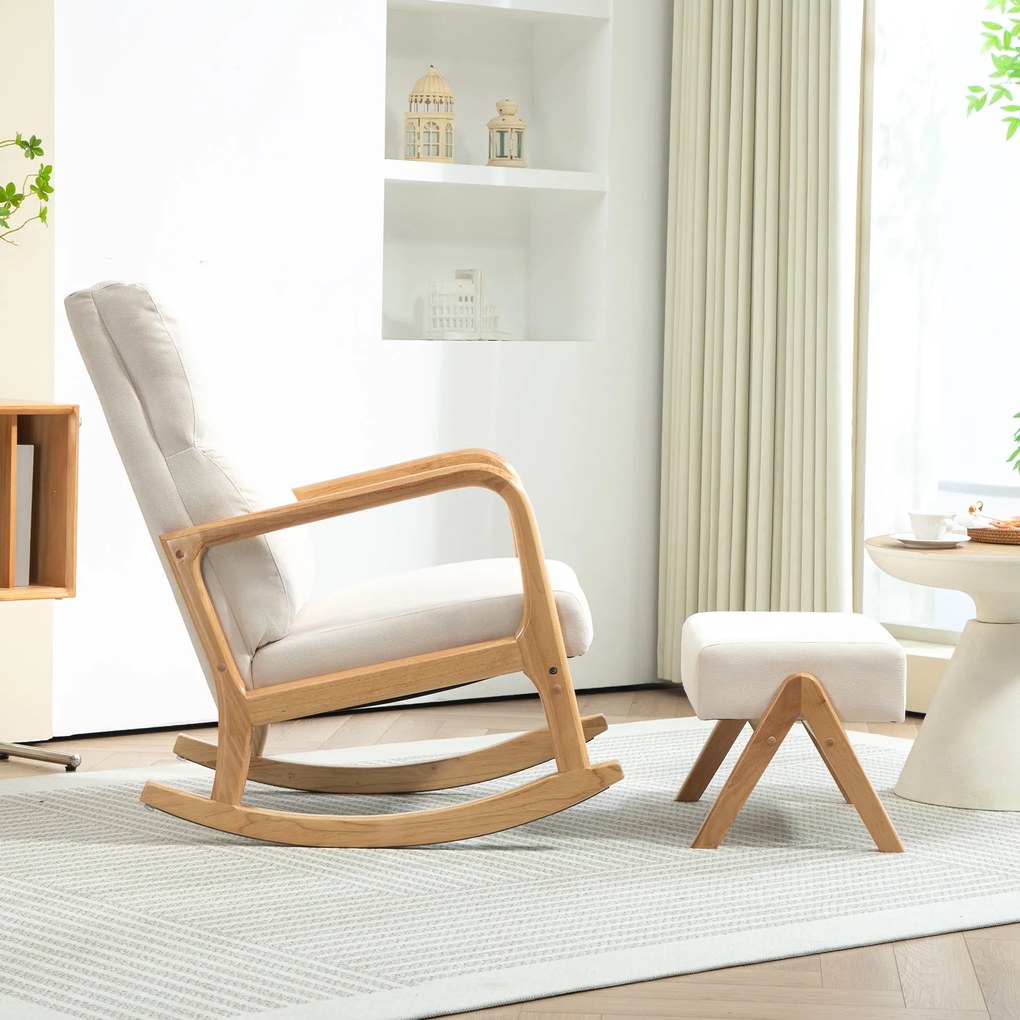 HOMCOM Fotel bujany z podnóżkiem, miękka tapicerka, wygląd lnu, drewniana rama, Kremowy