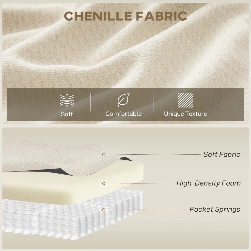 HOMCOM Sofa 3-osobowa, 260 cm sofa chenille z szerokim siedziskiem, sprężyny kieszeniowe, pianka o wysokiej gęstości, 3 poduszki, kremowa biel | Aosom PL