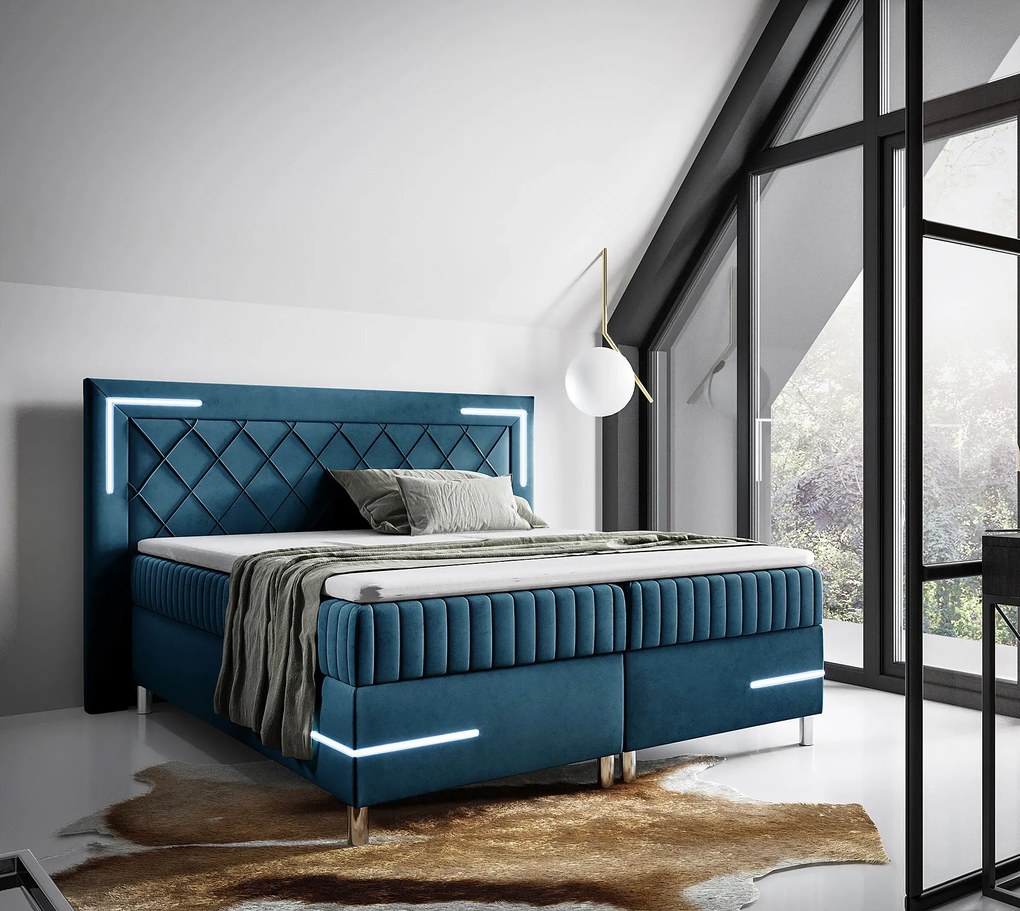 Niebieskie łóżko kontynentalne z oświetleniem LED 5 rozmiarów N8-E85