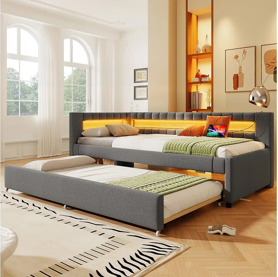 Łóżko tapicerowane wysuwane - 90 x 200 cm + 90 x 190 cm - z diodami LED + USB + Type-C - bez materaca - len + płyta MDF - szare