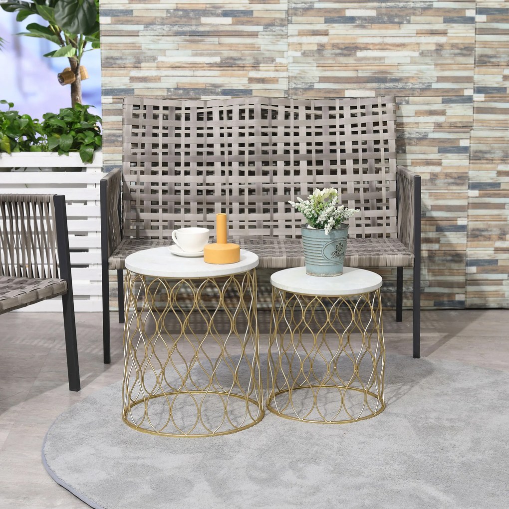 Outsunny okrągłe stoliki kawowe w komplecie 2 retro kosz druciany złoty+biały Ø41 x 46 cm
