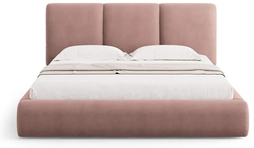 Jasnoróżowe tapicerowane łóżko dwuosobowe ze schowkiem i stelażem 140x200 cm Brody – Mazzini Beds