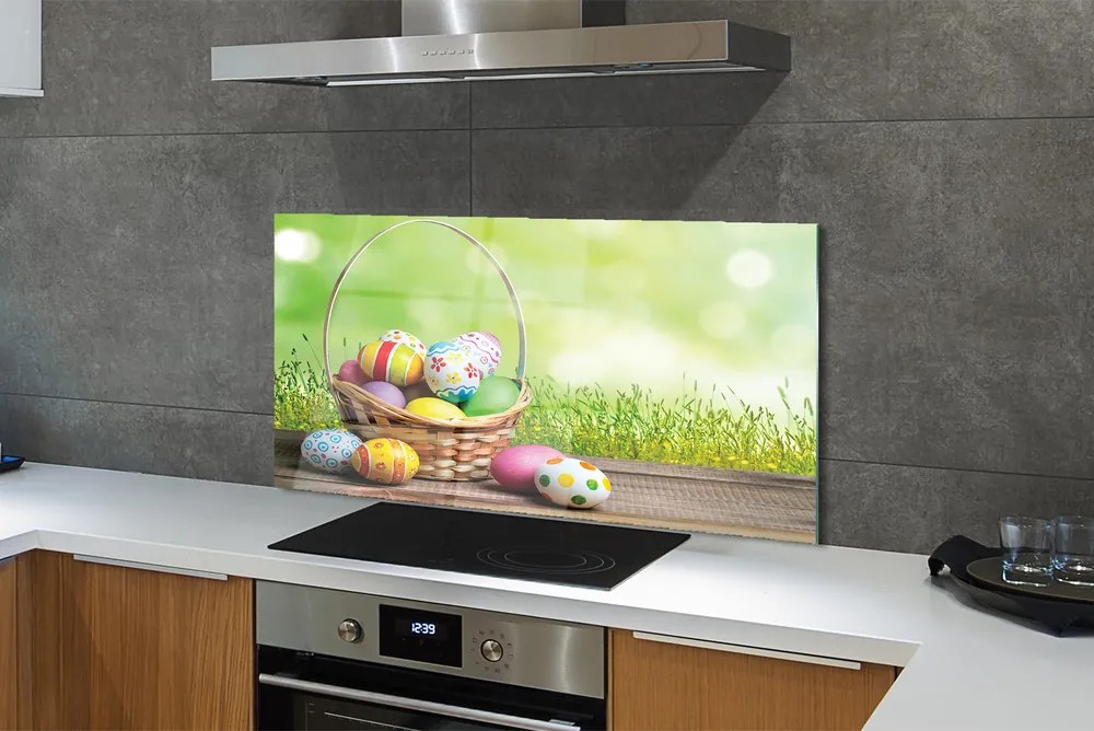 Szklany Panel Koszyczek Pisanek na Trawie