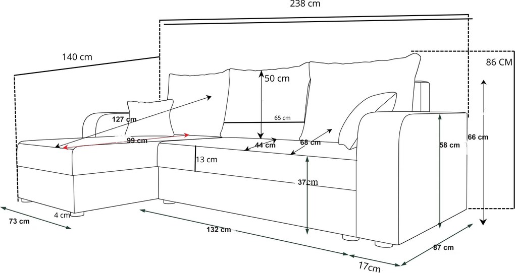 Rozkładana narożna sofa VALERIO 238x140 cm, ciemnoszara/antracytowa, uniwersalna + 2 poduszki GRATIS