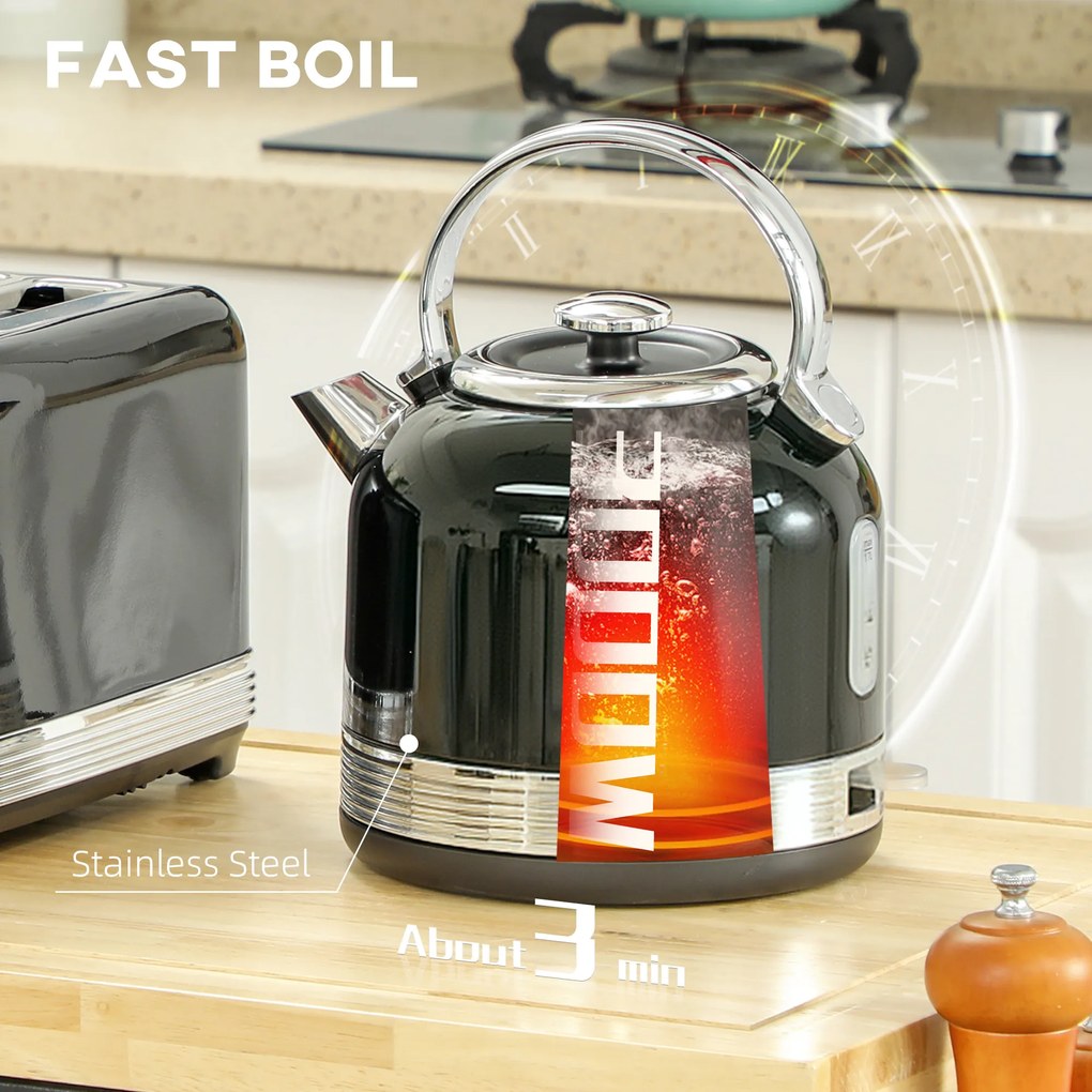 HOMCOM Zestaw czajnika i tostera, 7 poziomów opiekania, 1,7 L, plastik, stal nierdzewna, czarny