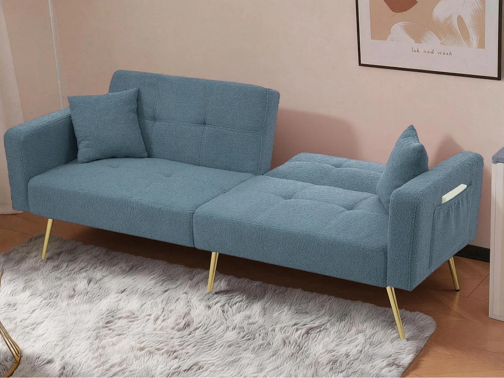 Kanapa rozkładana 2-osobowa - kąt regulowany - z poduszkami i bocznymi kieszeniami do przechowywania - niebieski antyczny