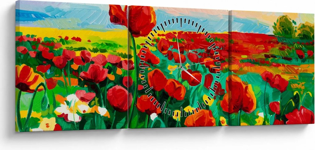 Obraz pola z makami (z zegarem) (90x30 cm)