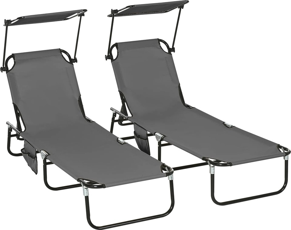 Outsunny Zestaw 2 składanych leżaków ogrodowych z 5-stopniową regulacją oparcia i daszkiem przeciwsłonecznym, w kolorze ciemnoszarym | Aosom PL