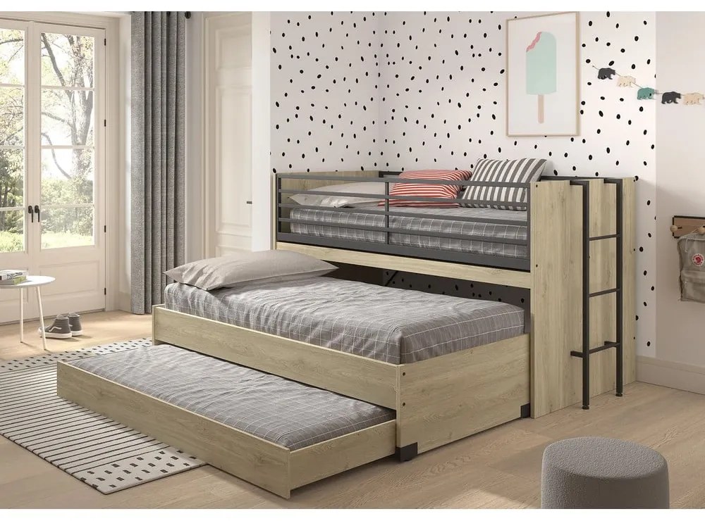Piętrowe łóżko dziecięce z wysuwanym łóżkiem i stelażem 90x200 cm Sam – Vipack