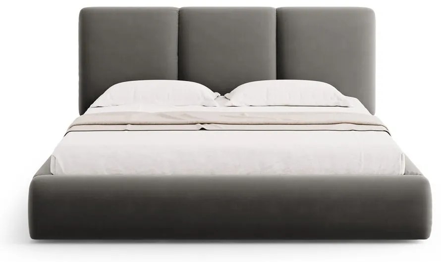 Szare aksamitne tapicerowane łóżko dwuosobowe ze schowkiem i stelażem 200x200 cm Brody – Mazzini Beds