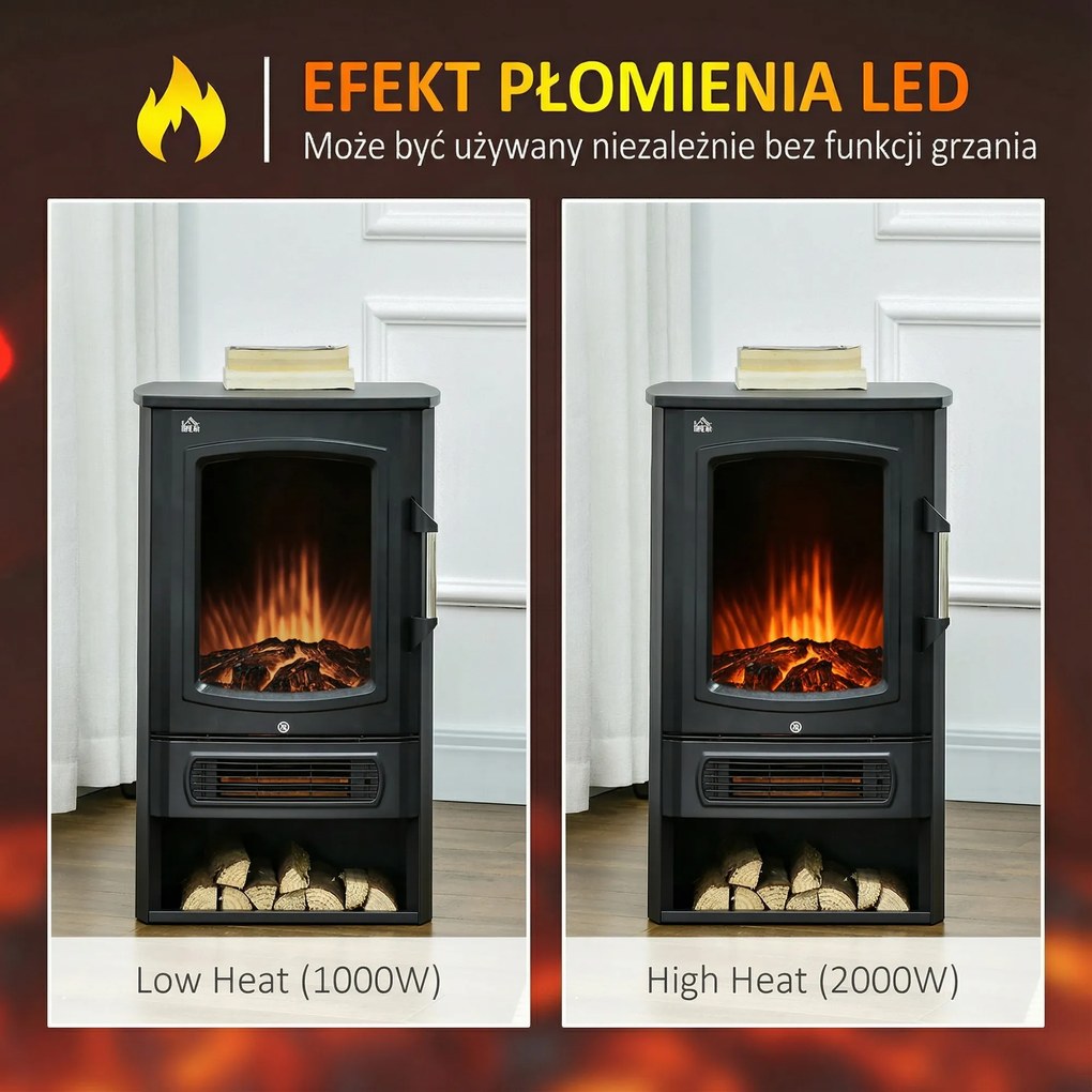 HOMCOM Elektryczny Kominek z Realistycznymi Płomieniami, 2 Poziomy Ogrzewania, Ochrona przed Przegrzaniem, Stal, Czarny, 44,5 x 32 x 74cm