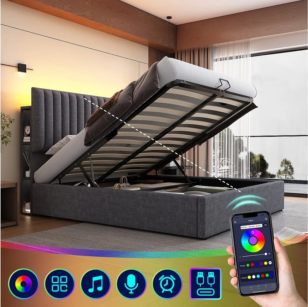 Łóżko z pojemnikiem 140 x 200 cm i regulowanym zagłówkiem - Tkanina lniana - USB typu C i diody LED - Różowe