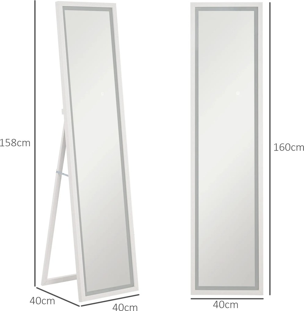 HOMCOM Lustro Całościowe 40x160 cm z Oświetleniem LED, Sterowanie Dotykowe, Regulacja, 3 Kolory, Biały