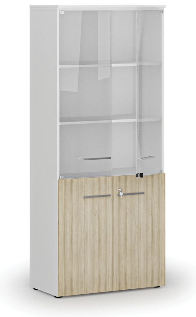 Szafa biurowa kombinowana PRIMO WHITE z drzwiami drewnianymi i szklanymi, 800 x 420 x 1781 mm, biały/dąb naturalny