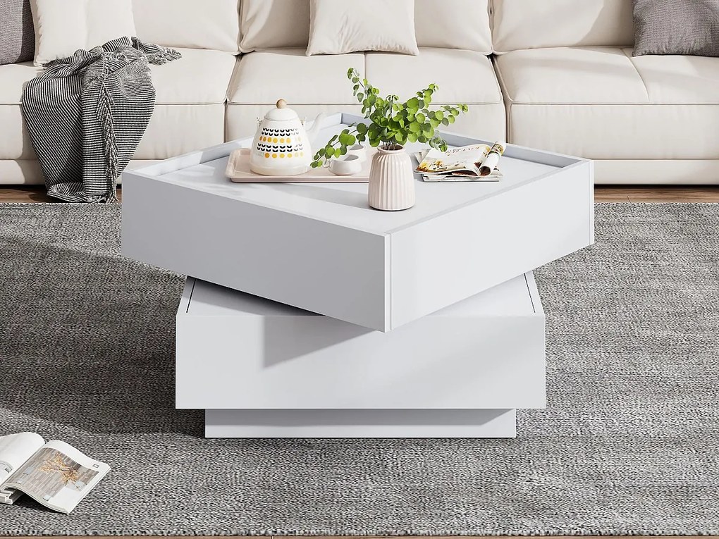 Stół kawowy kwadratowy obrotowy 360° - z 2 szufladami - 60x60x38 cm - Biały