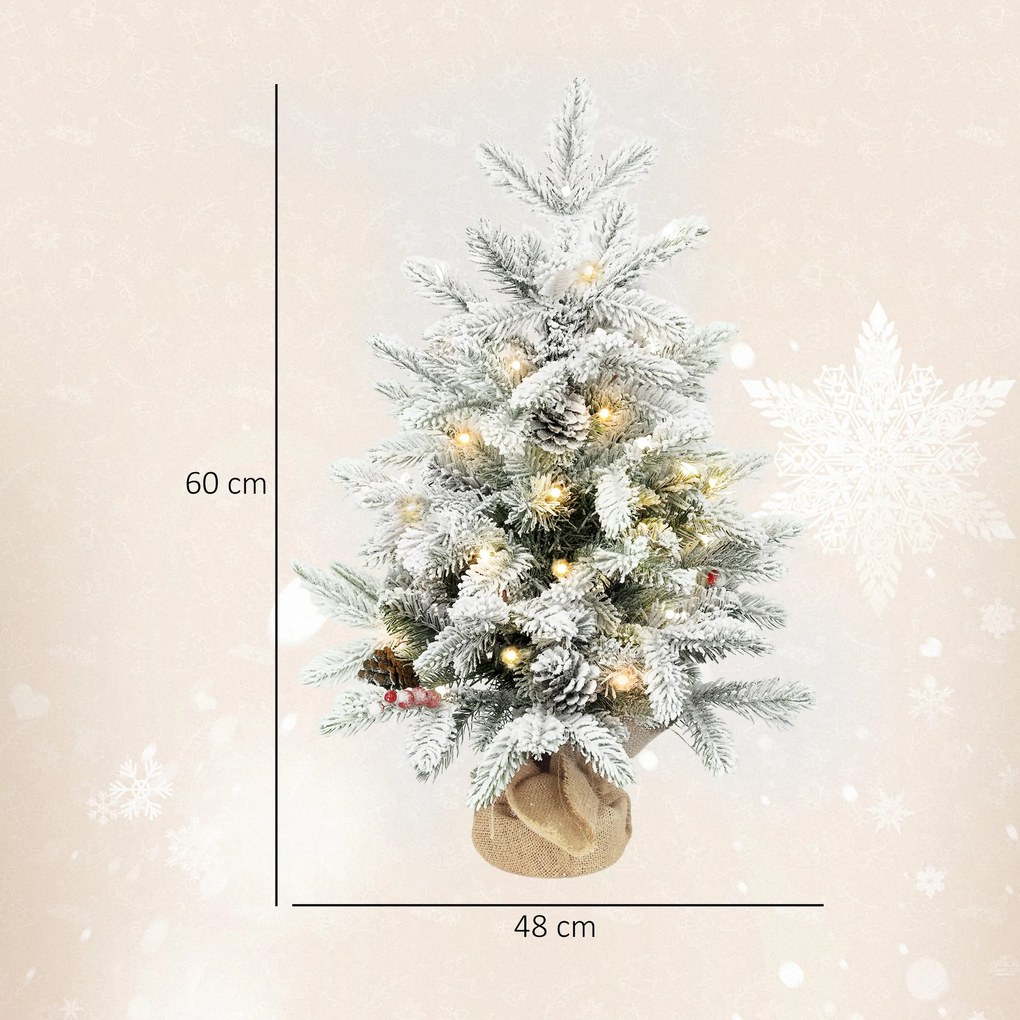 HOMCOM Mini 60cm choinka z 35 diodami LED, efekt śniegu, mini choinka stołowa z szyszkami, sztuczna choinka do dekoracji świątecznych, Biały | Aosom PL