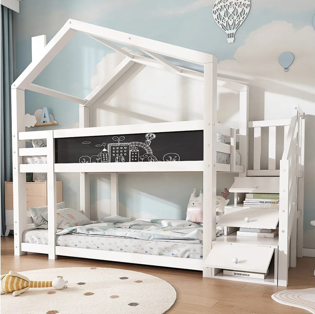 Łóżka piętrowe 2 x 90 x 200 cm z 3 szufladami i barierkami - Drewno lite + MDF - 2 x stelaż z listew - Białe (bez materaca)