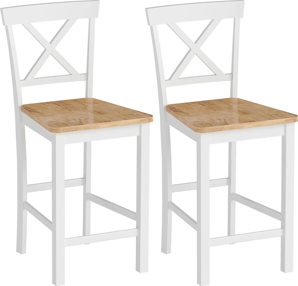 HOMCOM Zestaw 2 stołków barowych z oparciem i podnóżkiem, drewno kauczukowe, do kuchni, jadalni, baru, Dąb+Biały