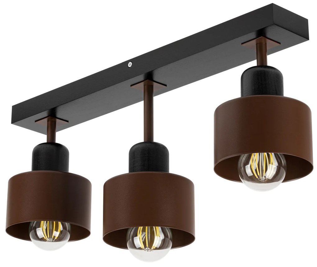 Brązowo-czarna lampa sufitowa, trzypunktowy spot DBR50x7SC z drewna i