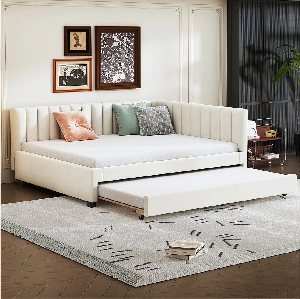 Łóżko wysuwane 140 x 200 cm + 90 x 190 cm z wezgłowiem - Tkanina aksamitna - z listwami - Beżowe