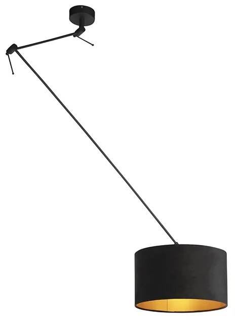 Lampa wisząca czarna z abażurem z czarnego aksamitu ze złotem 35 cm - Blitz Nowoczesny Oswietlenie wewnetrzne