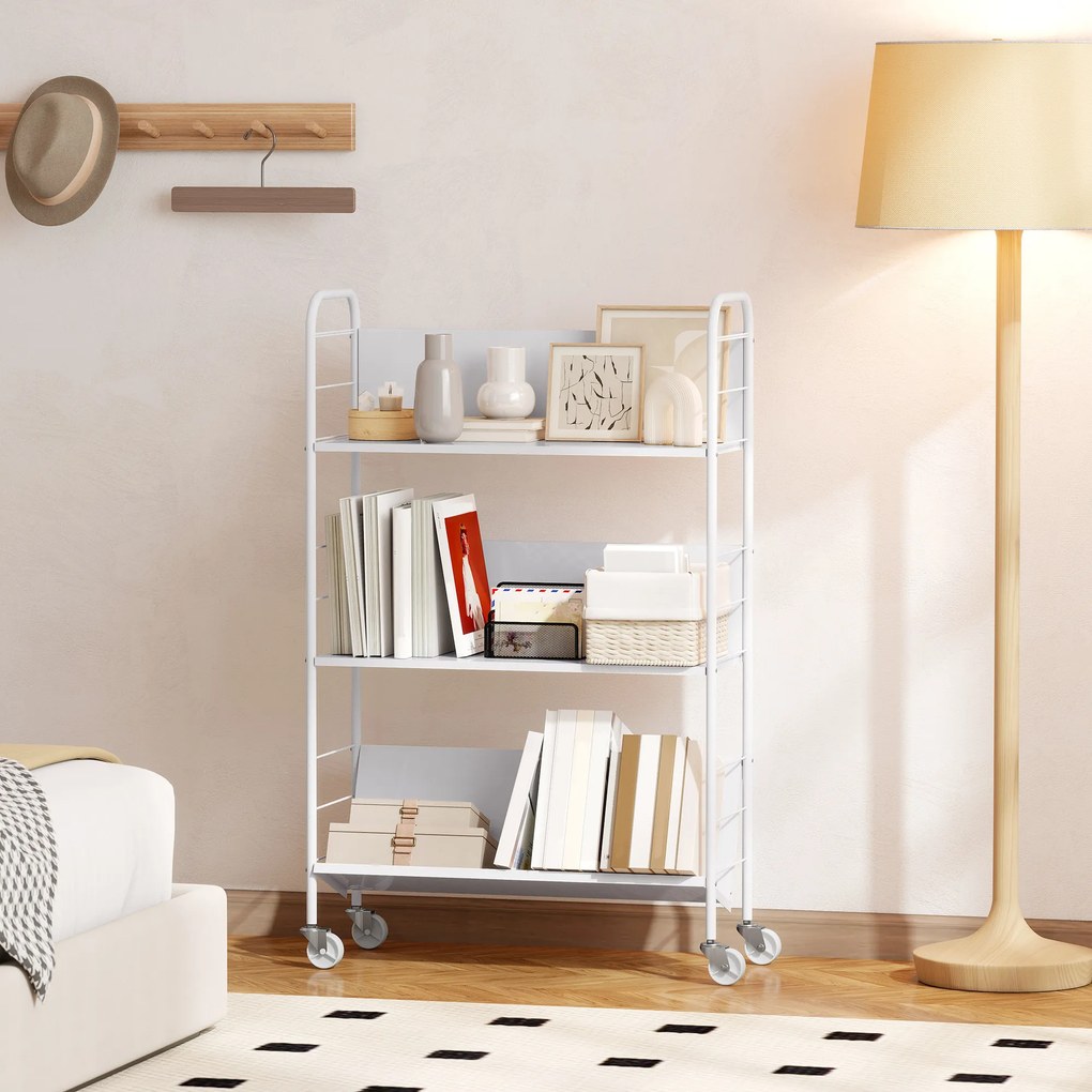 HOMCOM Regał na książki Regał do przechowywania z 3 półkami, na kółkach, regał na zabawki do sypialni, 69 x 26 x 108 cm, biały