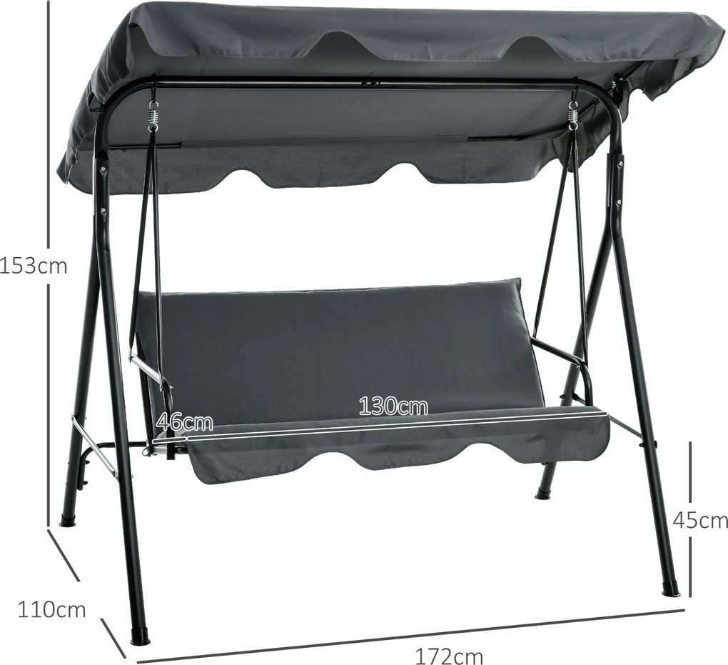 Outsunny Huśtawka ogrodowa, 3-osobowa ławka huśtawkowa z daszkiem, stal, 172 x 110 x 153 cm, Szara