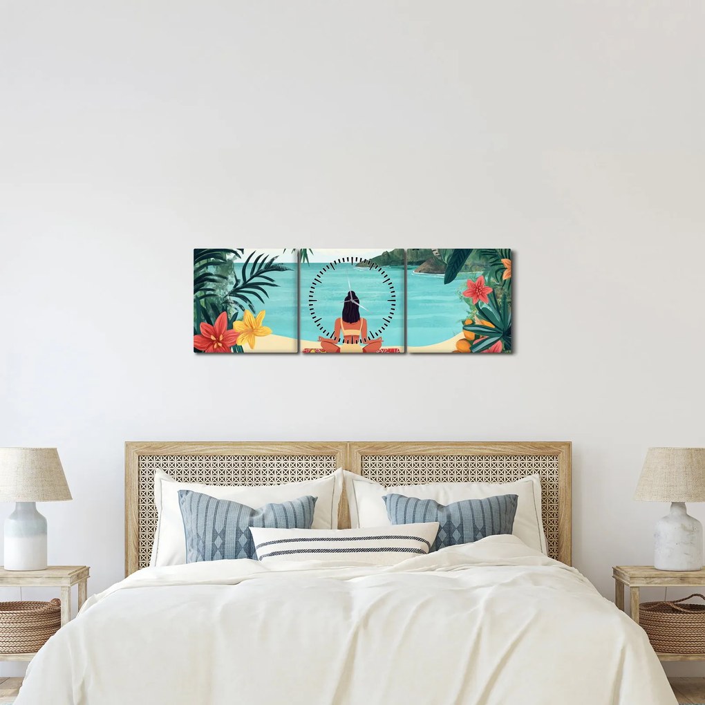Obraz - Joginka na plaży (z zegarem) (90x30 cm)