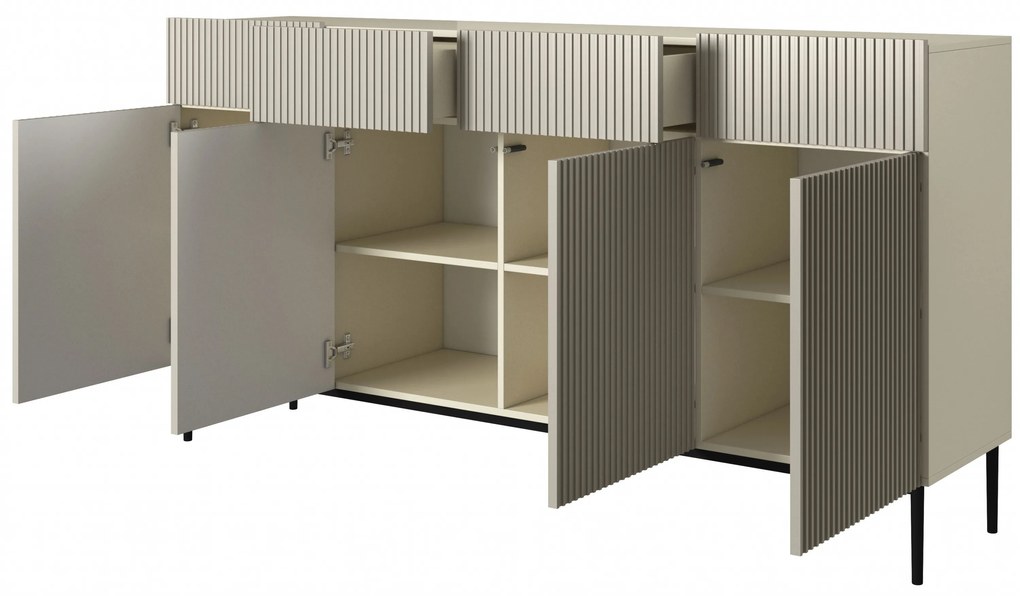 Komoda Nicole 200 cm czterodrzwiowa z szufladami z ryflowanym frontem - kaszmir / czarne nóżki