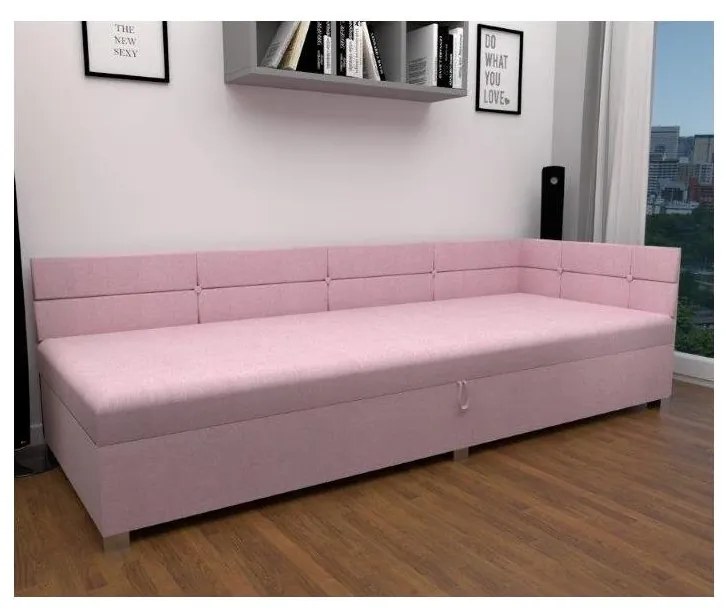 Tapicerowane łóżko jednoosobowe z uniwersalnym zagłówkiem i pojemnikiem na pościel AMSTERDAM 90x200 cm różowe