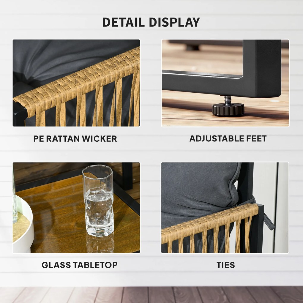 Outsunny Zestaw mebli ogrodowych, 4-elementowy, Sofa, 2 Krzesła, Stolik z blatem szklanym, Konstrukcja metalowa, Polyrattan, Antracyt