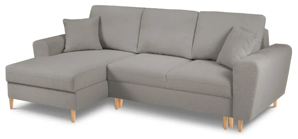 Jasnoszary rozkładany/ze schowkiem narożnik z materiału bouclé (lewostronny/z szezlongiem) Kyoto – Cosmopolitan Design