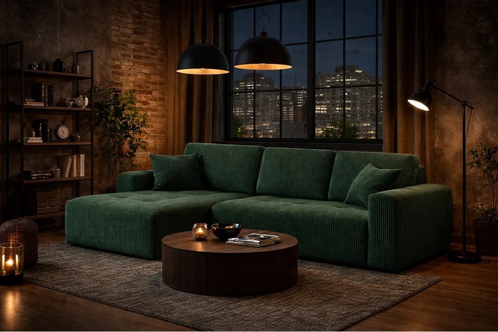 Narożnik w kształcie L z funkcją spania i pojemnikiem Ivo L, tkanina sztruksowa Poso, Zielony, Lewy