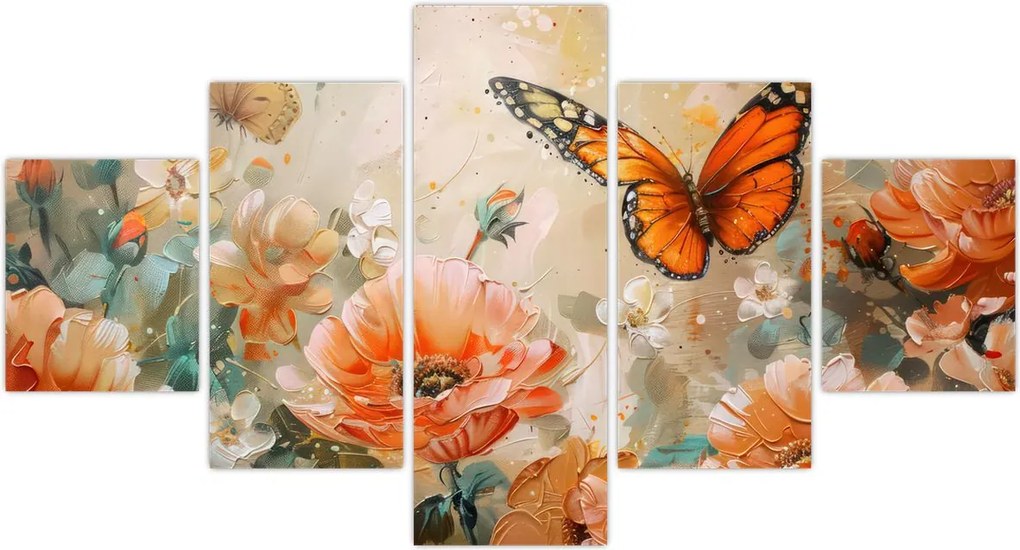 Obraz - Motyl i kwiaty, obraz olejny (125x70 cm)